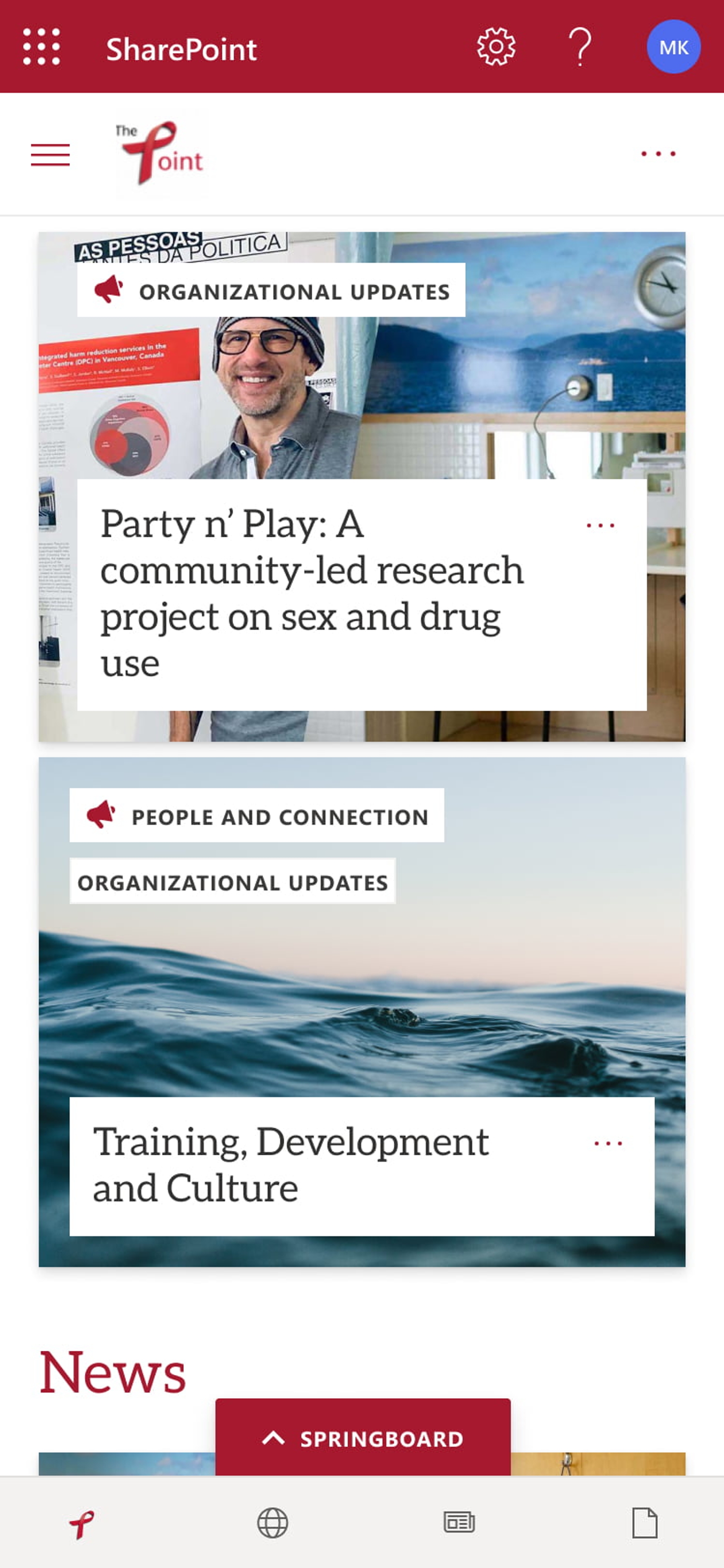 The mobile view of the featured news web part on Dr. Peter's GO intranet homepage.