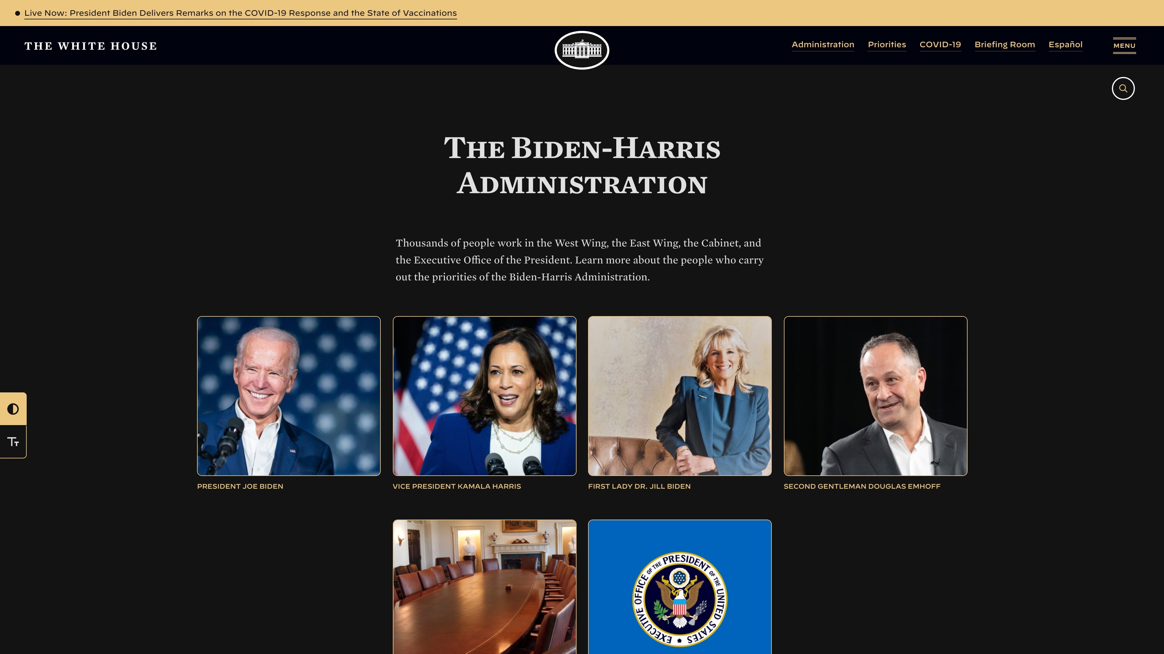 A screenshot of the new White House website, with a black background