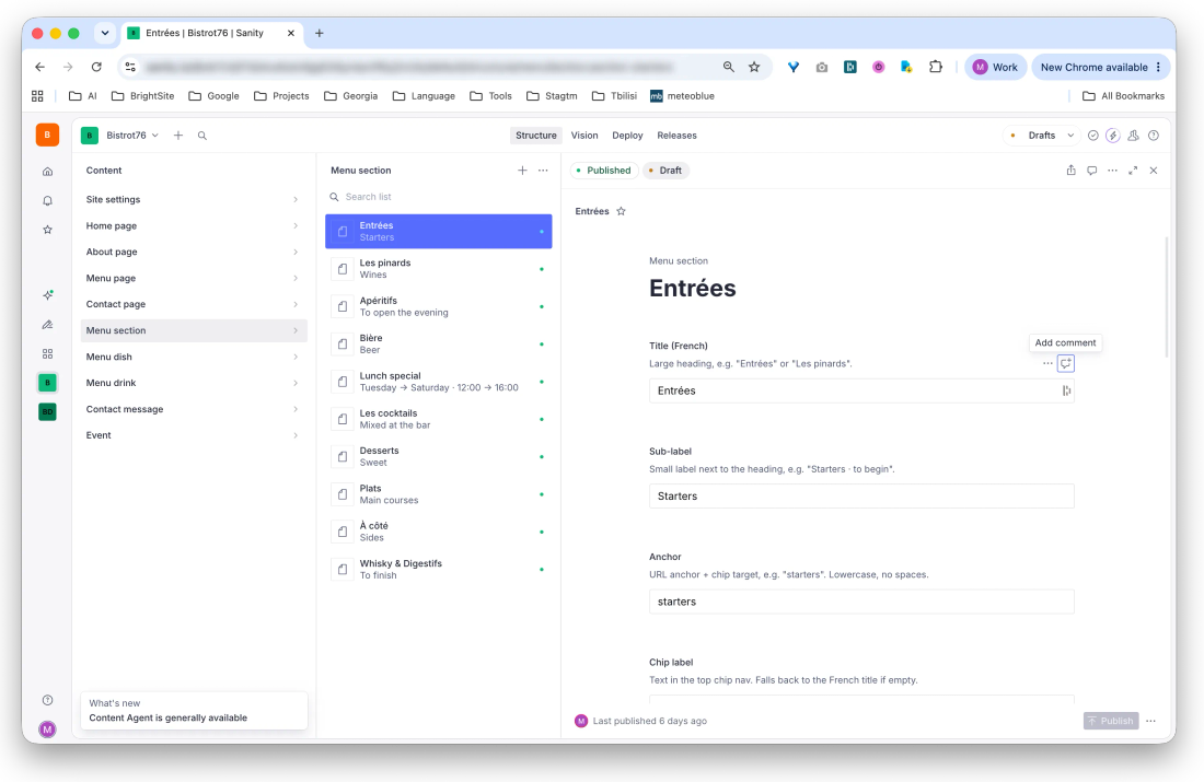 Sanity Studio editing interface: menu sections, dishes, and drinks in labelled fields