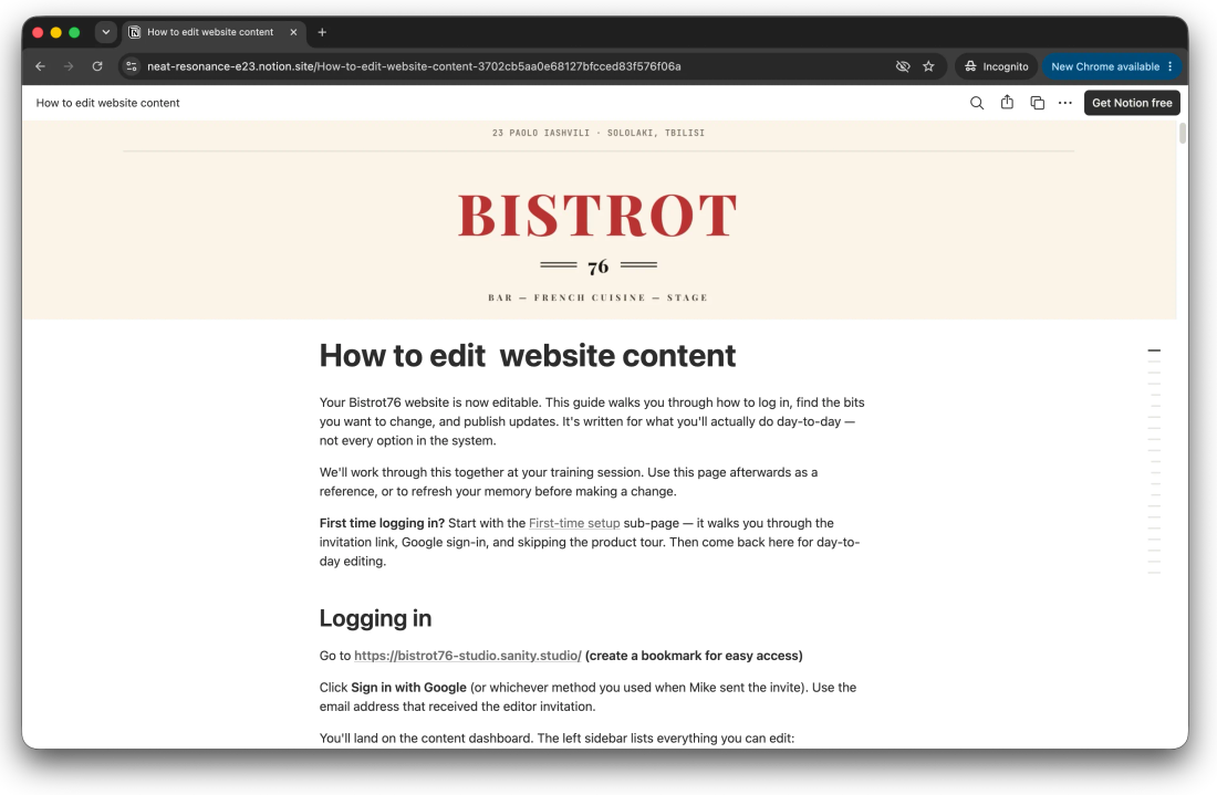 The branded Bistrot76 handover guide