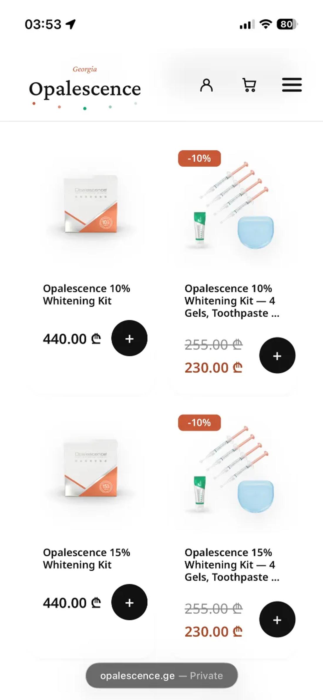 Mobile view of the shop page in English