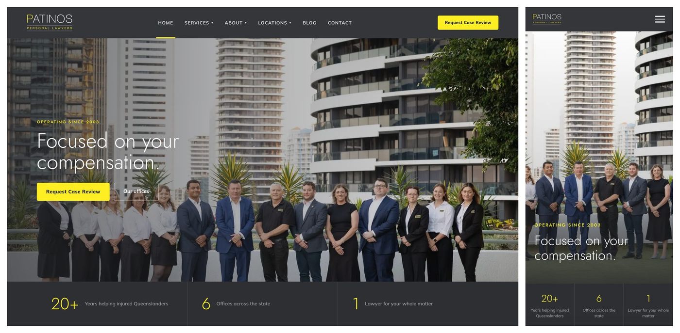 The new Patinos Personal Lawyers website shown on desktop and mobile.
