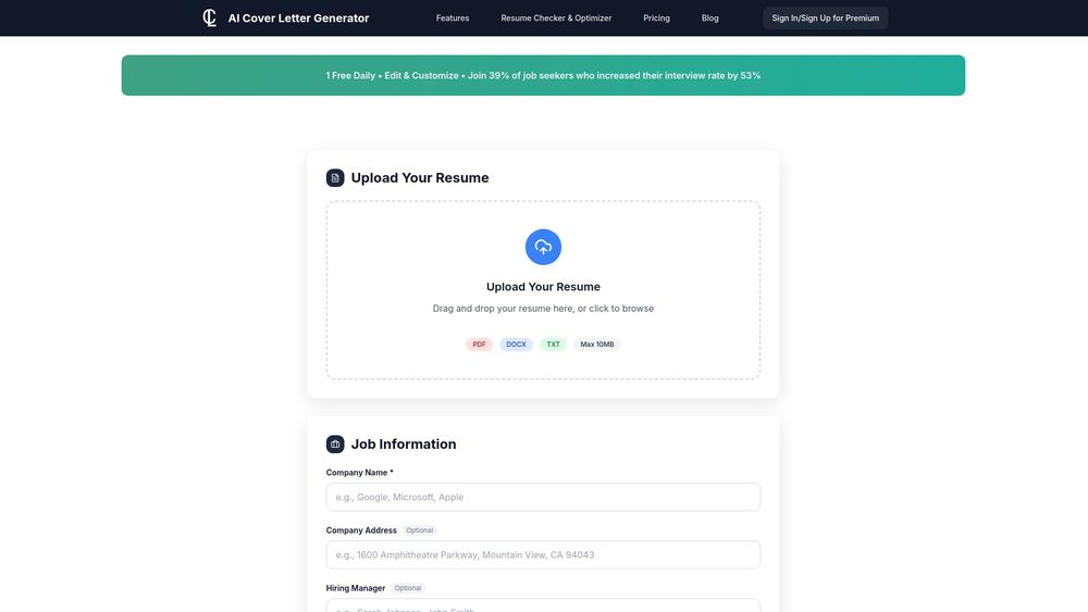 Screenshot of AI Cover Letter Generator | Free Professional Cover Letters