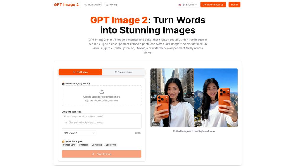 Screenshot of GPT Image 2 — Turn Words into Stunning Images Screenshot of GPT Image 2 — Turn Words into Stunning Images