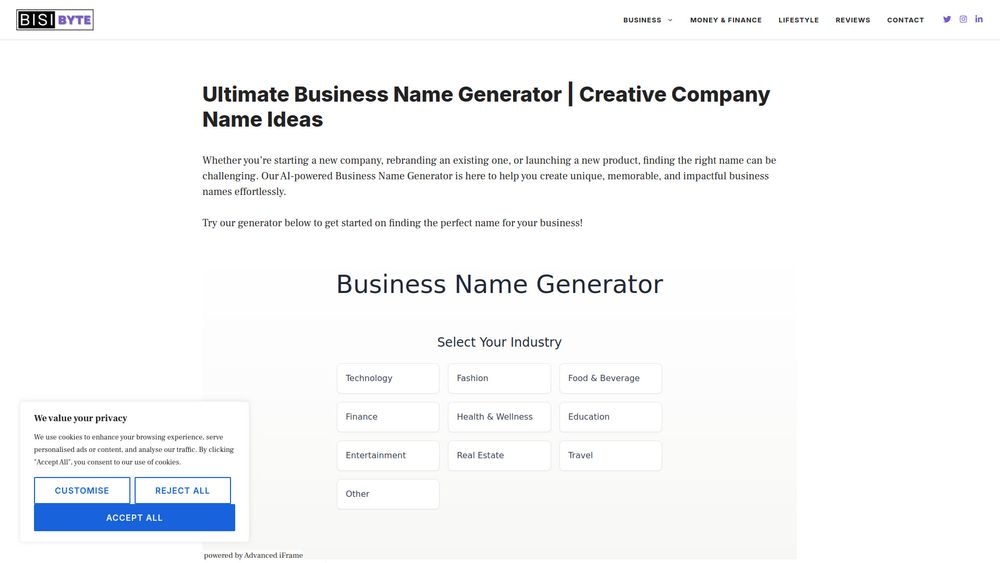 Screenshot of Bisibyte Business Name Generator