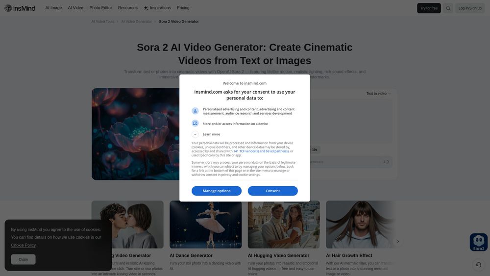 Screenshot of Sora 2 AI Video Generator – Text & Image to Video Online by insMind