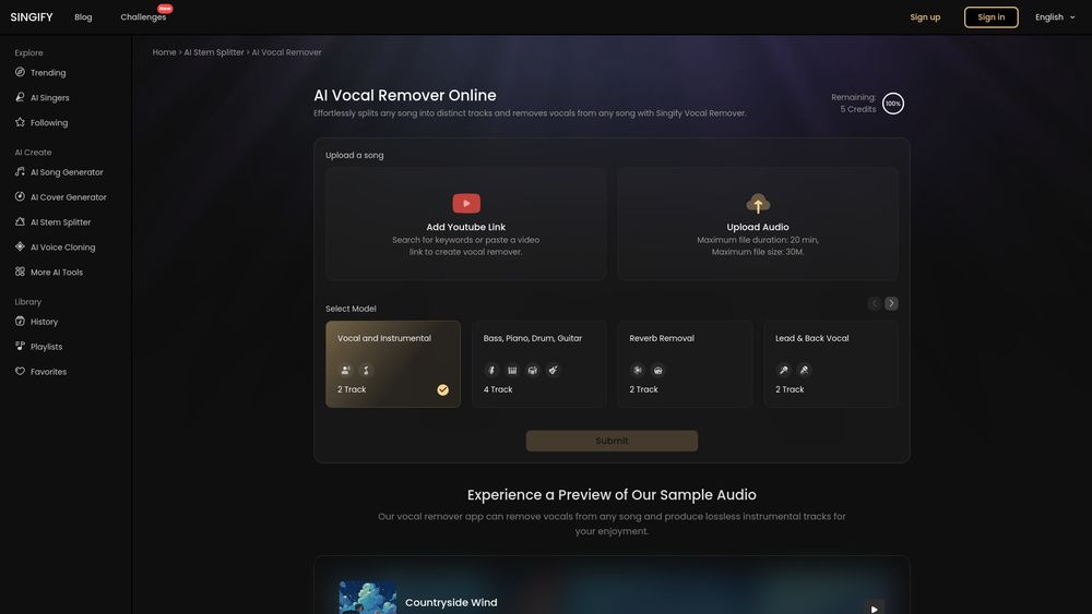 Screenshot of Singify Vocal Remover