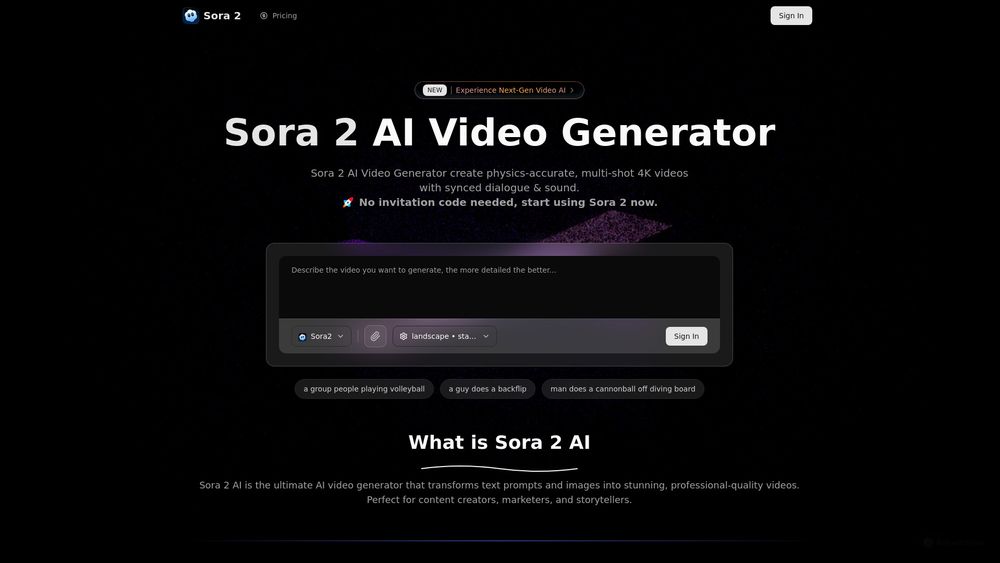 Screenshot of Sora 2 AI Video Generator | 4K & Synced Audio