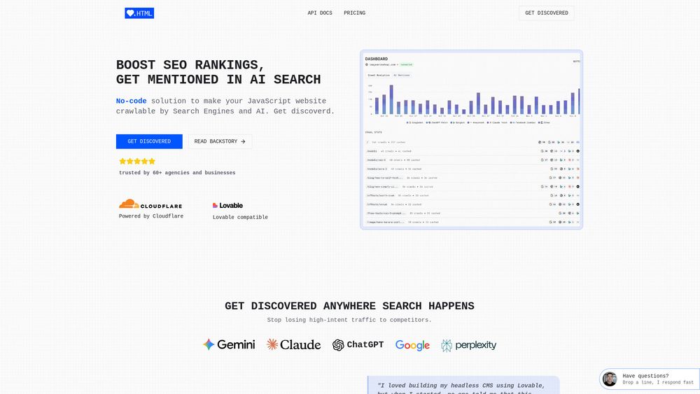 Screenshot of LovableHTML.com - no-code fix for Lovable SEO Screenshot of LovableHTML.com - no-code fix for Lovable SEO