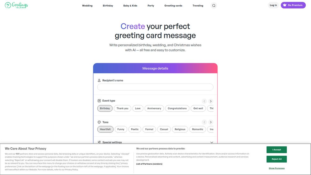 Screenshot of AI greeting card wishes generator