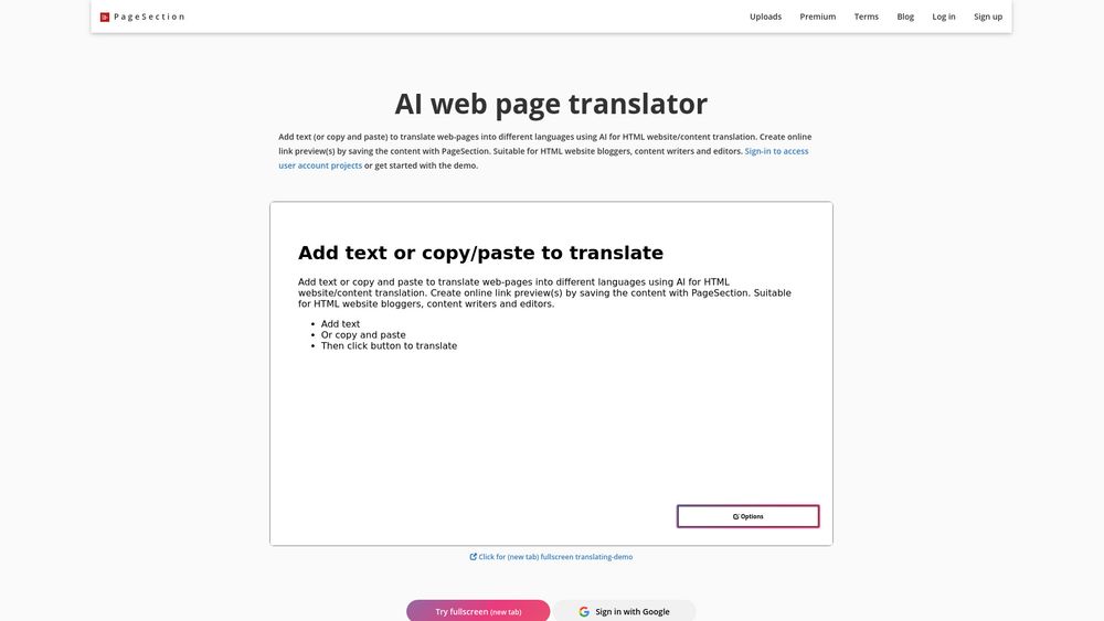 Screenshot of AI web page translator by pagesection.com