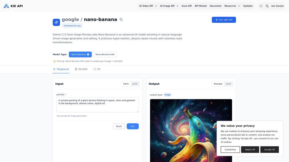 Screenshot of Kie.ai:Affordable and Reliable Nano Banana API for Image Generation & Editing
