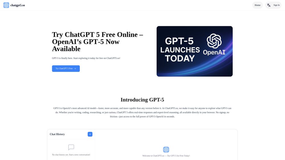 Screenshot of ChatGPT5.so: Free GPT‑5 Online With No Login