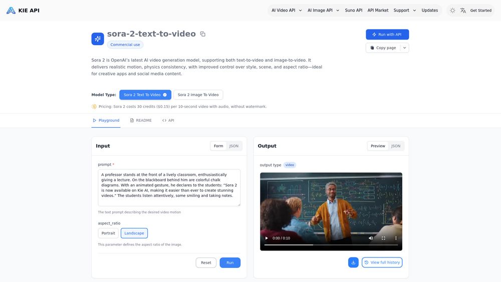 Screenshot of Kie.ai: Affordable and Stable Unofficial Sora 2 API for Text & Image to Video with Audio
