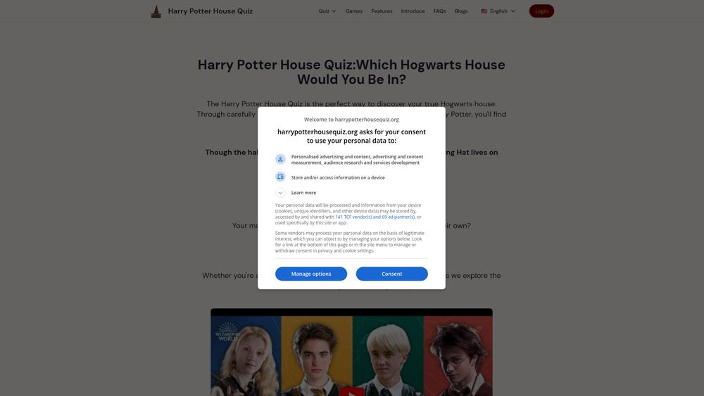 Screenshot of harry potter house quiz