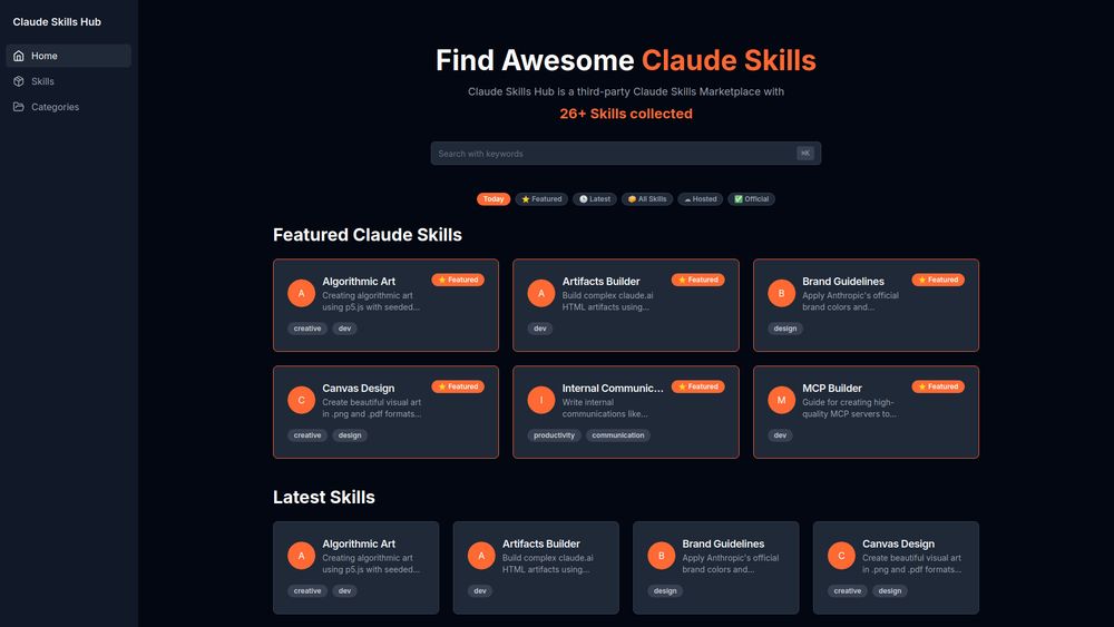 Screenshot of Claude Skills Hub