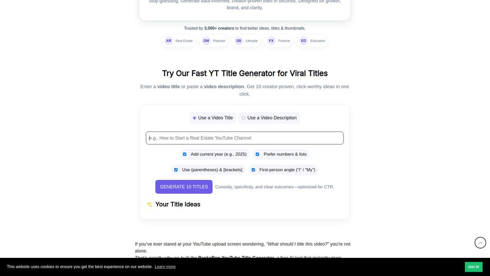Screenshot of AI YouTube Title Generator with Emojis – PackaPop
