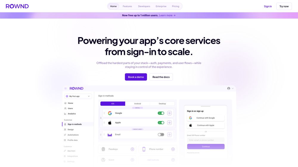 Screenshot of Rownd App Services Platform; 1M MAU Free