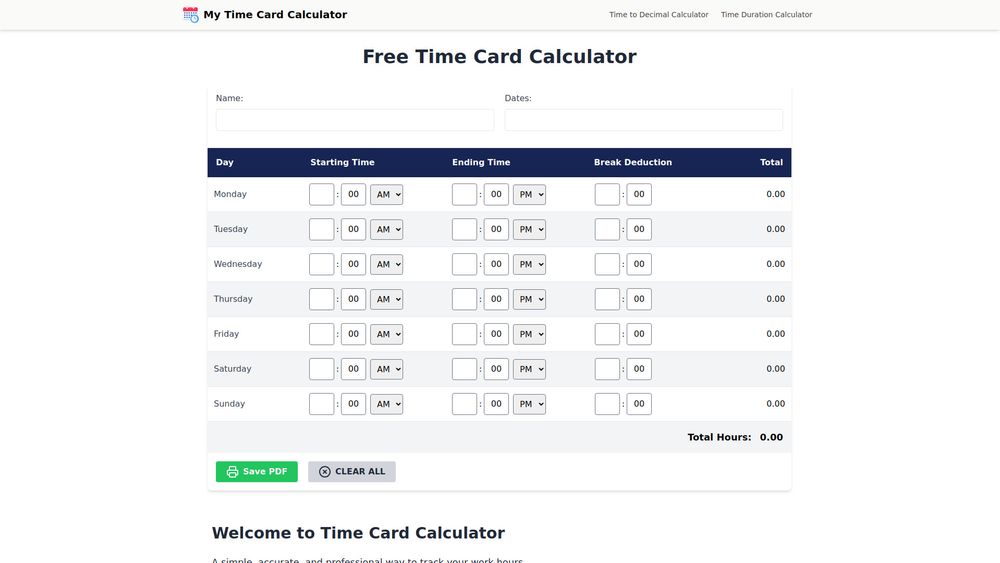 Screenshot of My Time Card Calculator