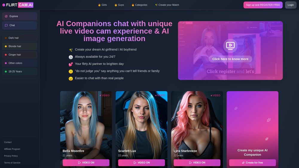 Screenshot of FLIRTcam.ai - unique video AI girlfriend & boyfriend