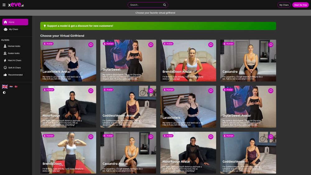 Screenshot of xeve.ai AI Girlfriends, AI Sexting, AI Live Video Chat and AI Striptease