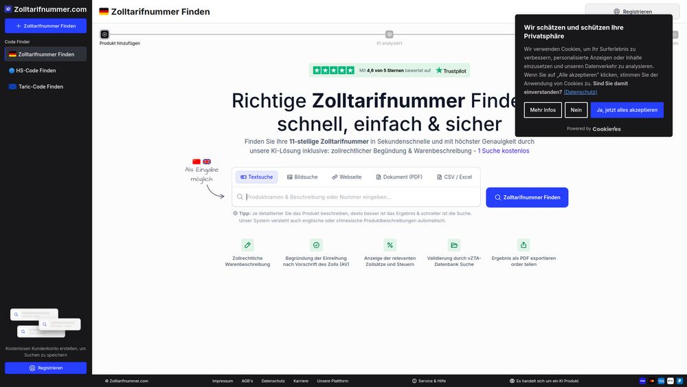 Screenshot of Zolltarifnummer.com