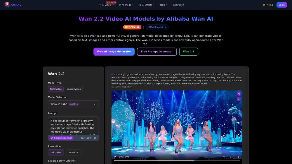Screenshot of wan ai video generator
