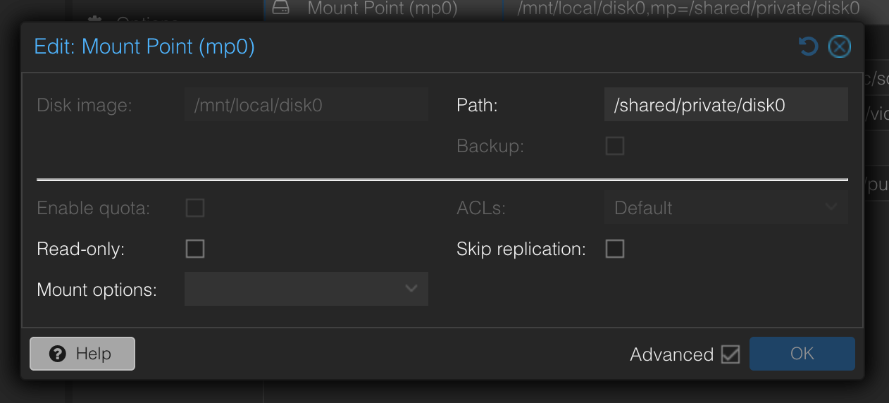 PVEのLXC bind mount設定画面。Backupは無効になっている。