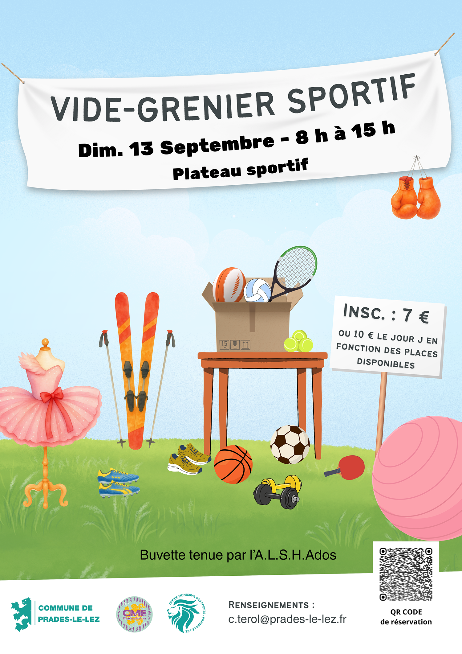 Affiche du vide-grenier sportif du dimanche 13 septembre 2026, de 8h à 15h sur le plateau sportif de Prades-le-Lez
