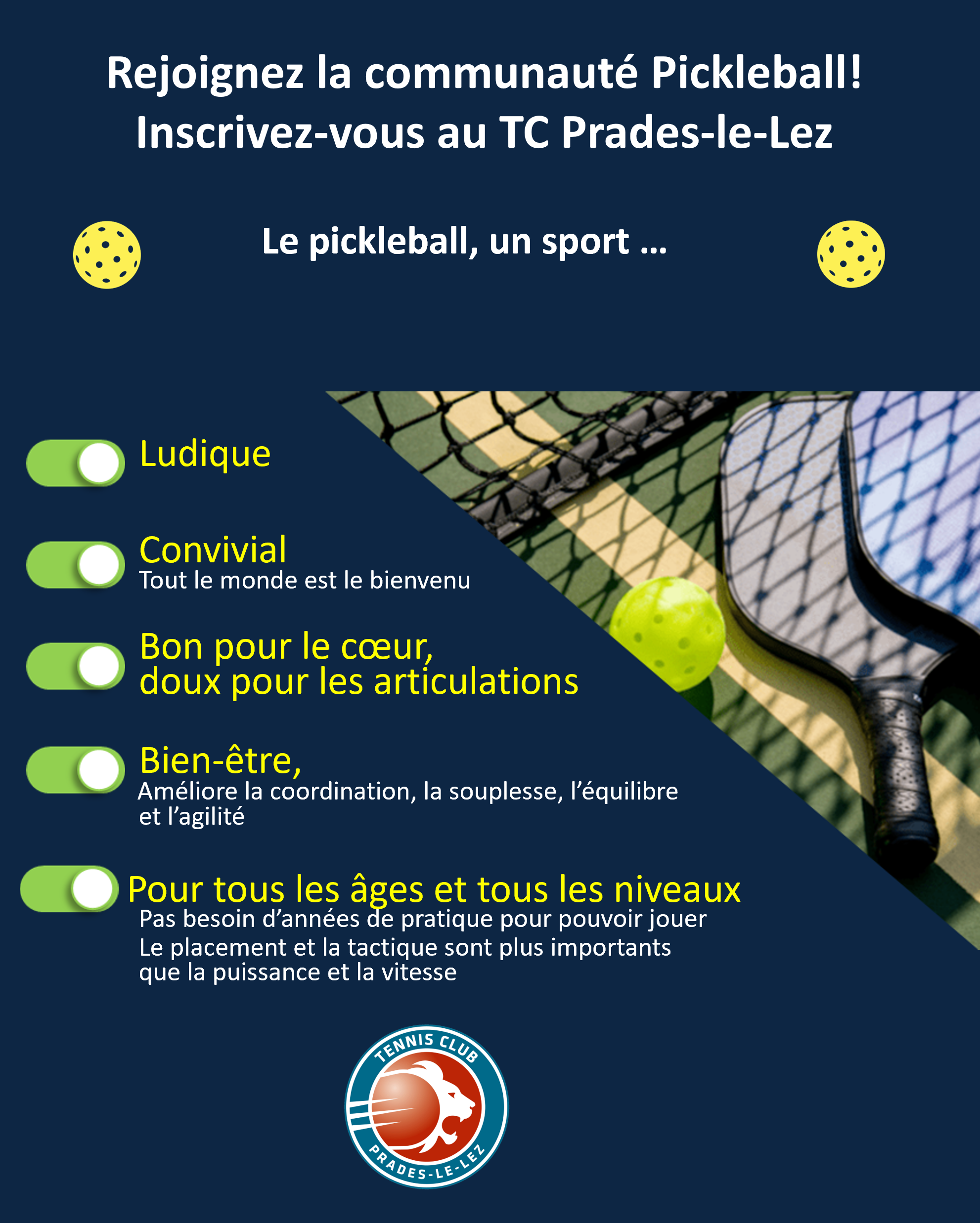 Affiche du pickleball au TC Prades-le-Lez : un sport ludique, convivial, bon pour le cœur et ouvert à tous les âges