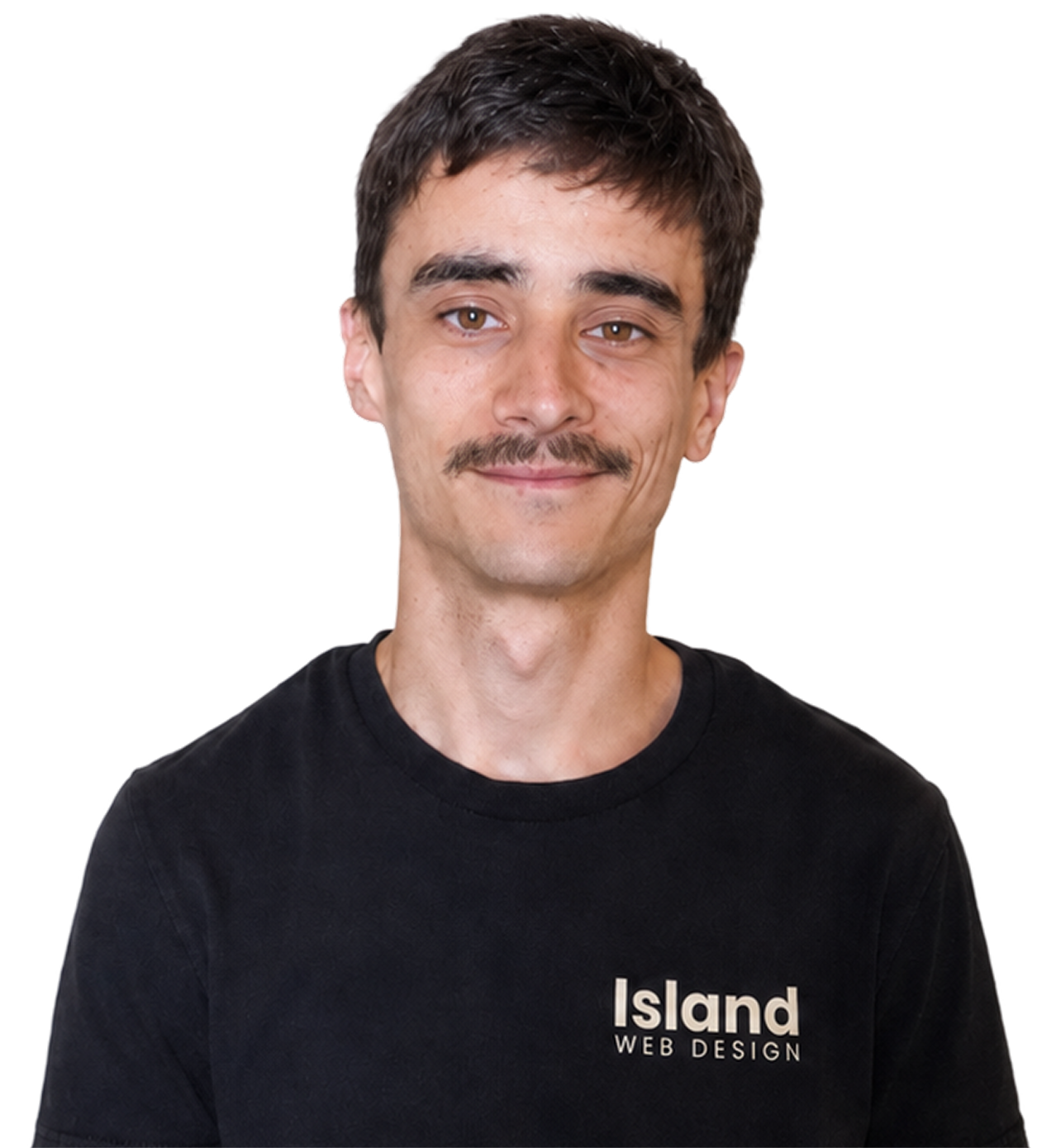 Jordan smiling with a black island-web tee