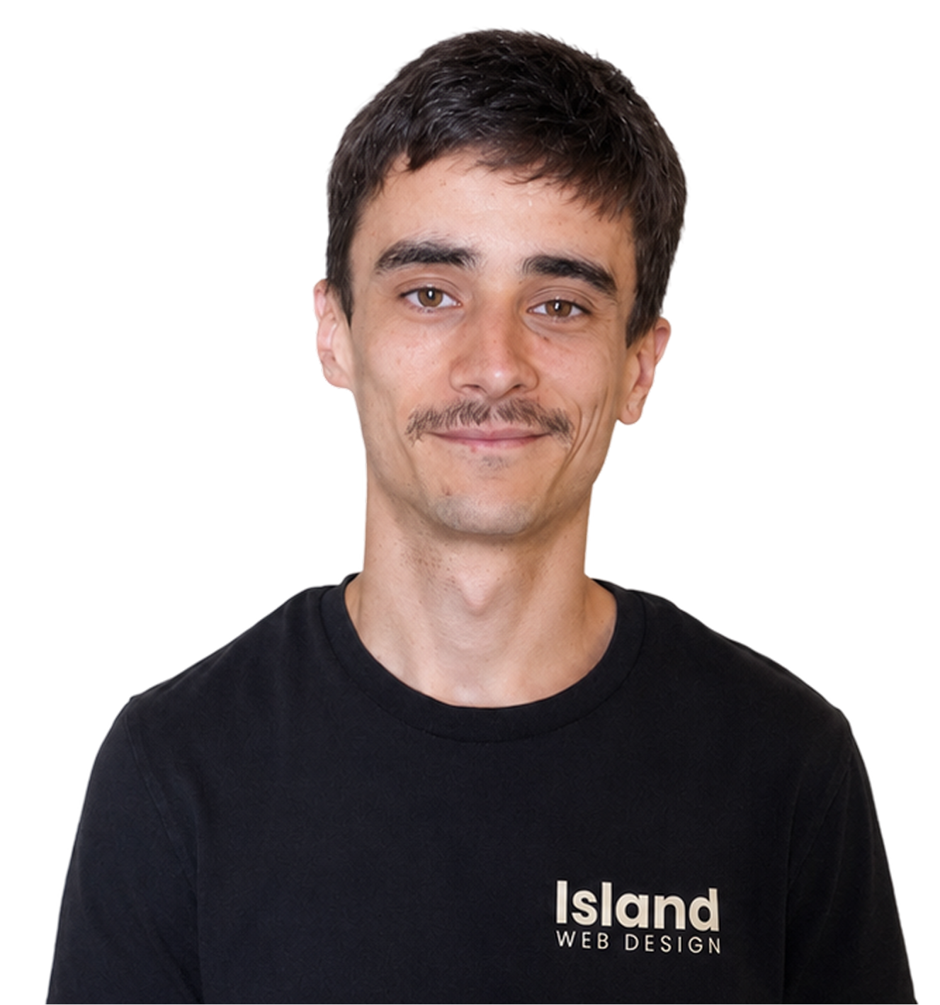 Jordan smiling with a black island-web tee