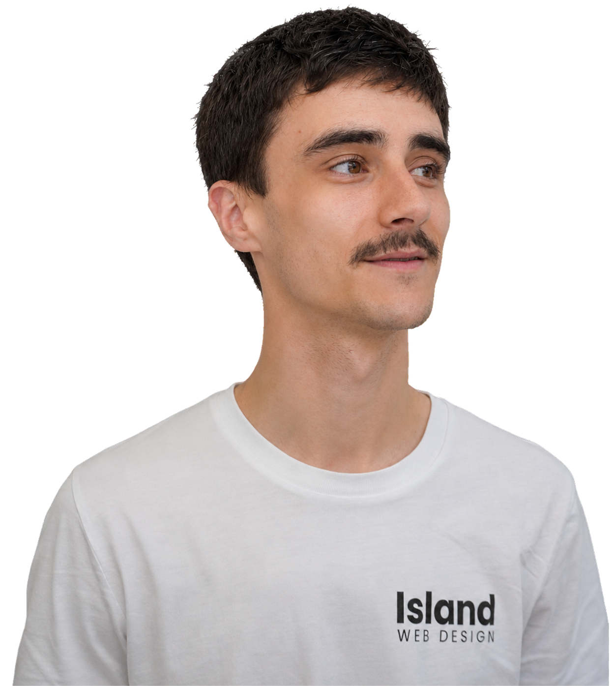 Jordan smiling looking off to the side with a white island-web tee