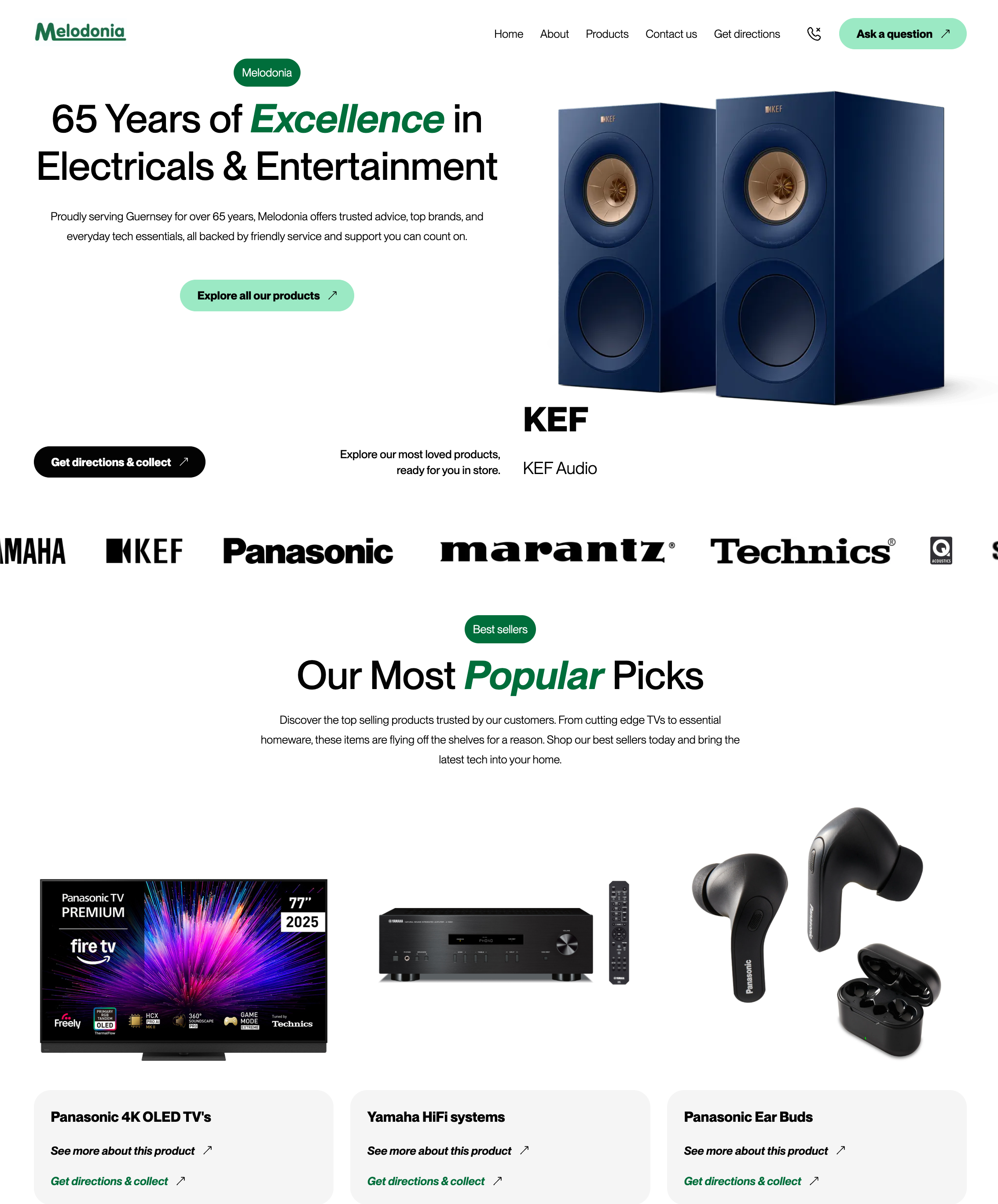 Homepage for Melodonia electronics store, showcasing KEF speakers, a Panasonic TV, an audio receiver, and earbuds, along with various electronics brand logos.
