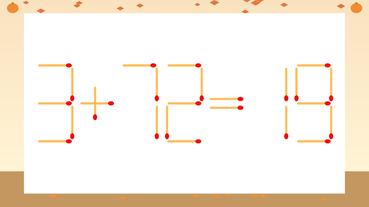 【マッチ棒クイズ】1本だけ動かして正しい式に：3+72=19？の問題イメージ