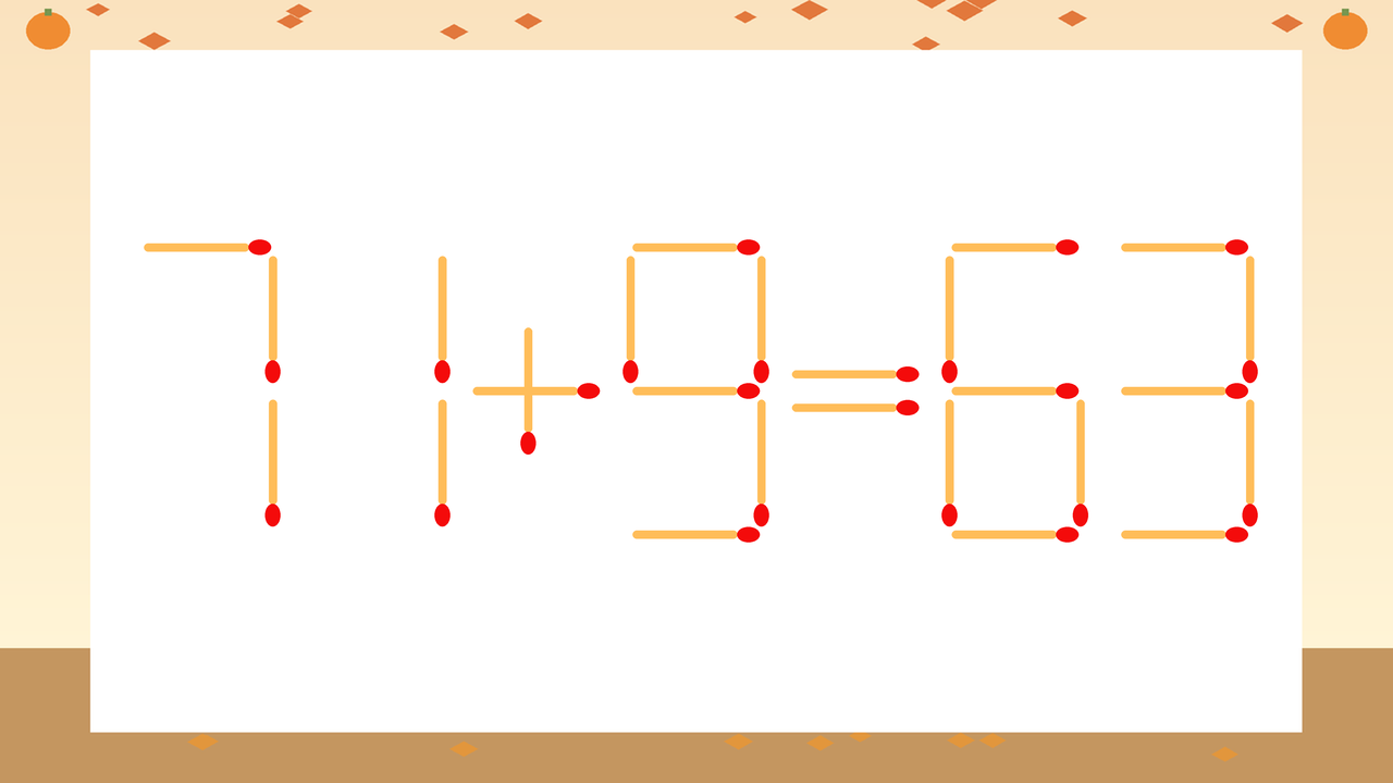 【マッチ棒クイズ】1本だけ動かして正しい式に：71+9=63？の問題イメージ