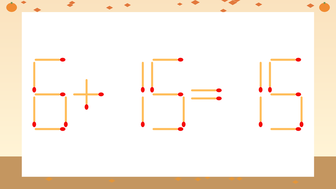 【マッチ棒クイズ】1本だけ動かして正しい式に：6+15=15？の問題イメージ