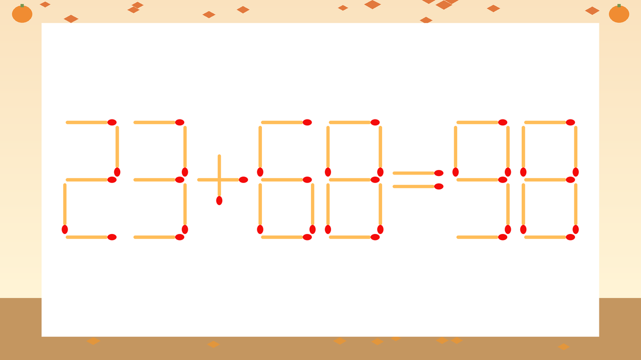 【マッチ棒クイズ】1本だけ動かして正しい式に：23+68=98？