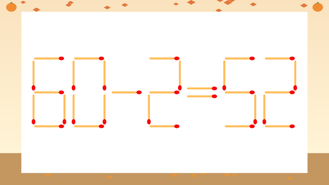 【マッチ棒クイズ】1本だけ動かして正しい式に：60-2=52？