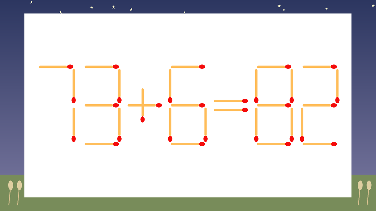 【マッチ棒クイズ】1本だけ動かして正しい式に：73+6=82？の問題イメージ