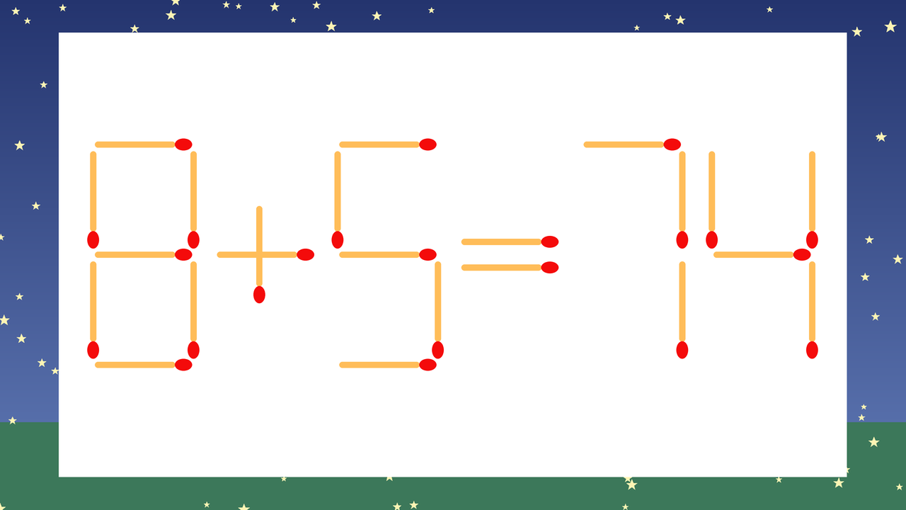 【マッチ棒クイズ】1本だけ動かして正しい式に：8+5=74？の問題イメージ