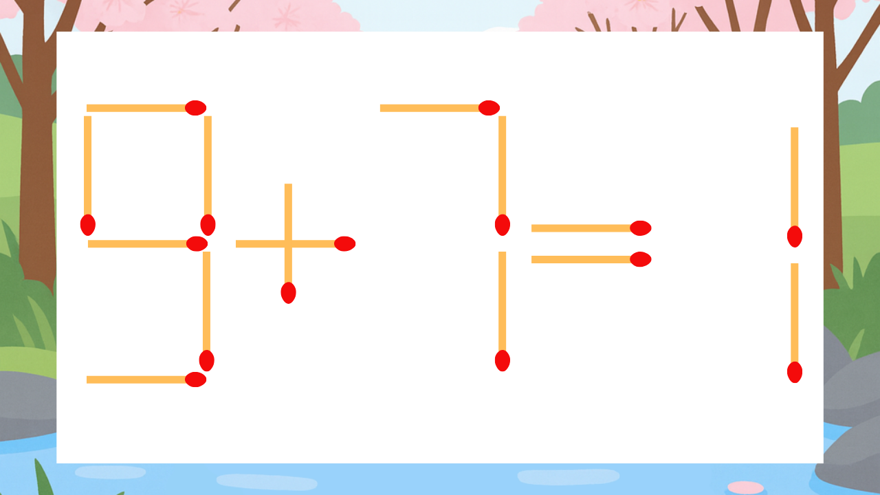 【マッチ棒クイズ】1本だけ動かして正しい式に：9+7=1？