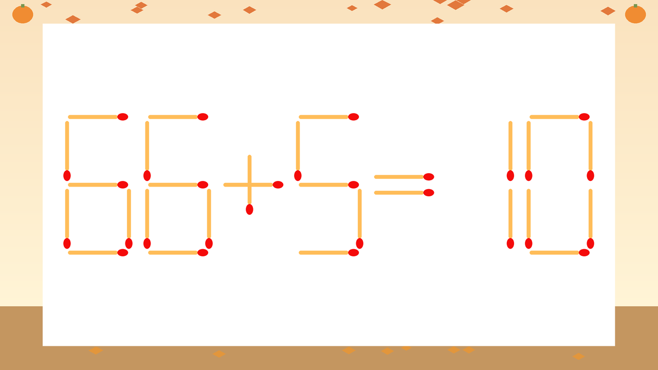 【マッチ棒クイズ】1本だけ動かして正しい式に：66+5=10？の問題イメージ