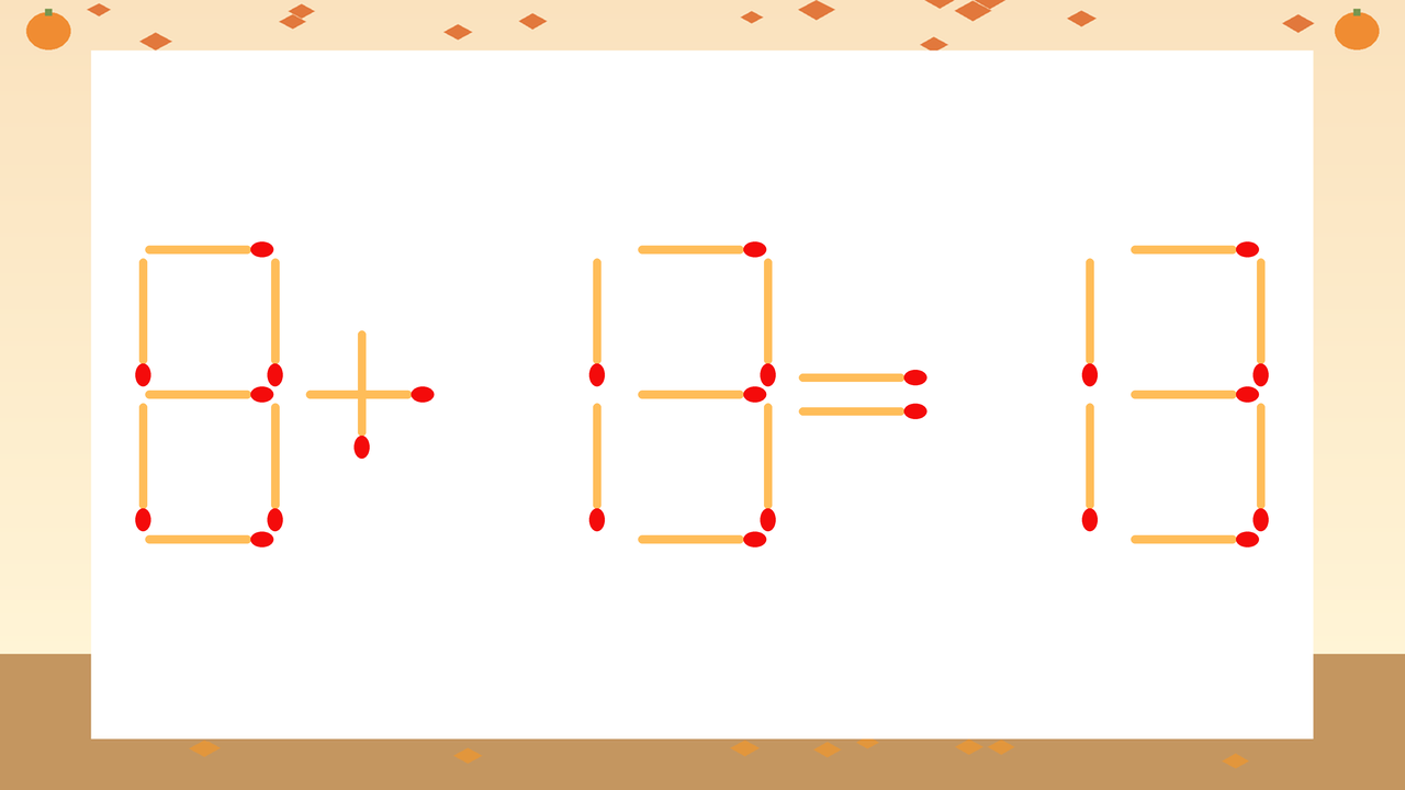 【マッチ棒クイズ】1本だけ動かして正しい式に：8+13=13？