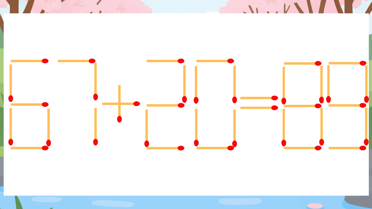 【マッチ棒クイズ】1本だけ動かして正しい式に：67+20=89？