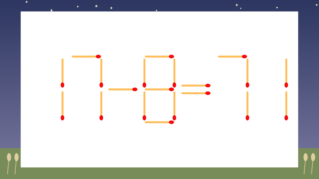 【マッチ棒クイズ】1本だけ動かして正しい式に：17-8=71？の問題イメージ
