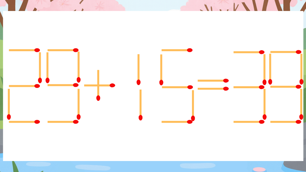 【マッチ棒クイズ】1本だけ動かして正しい式に：29+15=39？