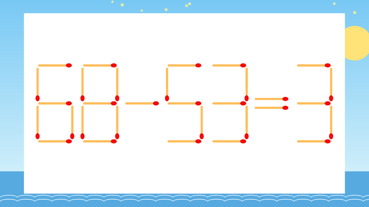 【マッチ棒クイズ】1本だけ動かして正しい式に：68-53=3？