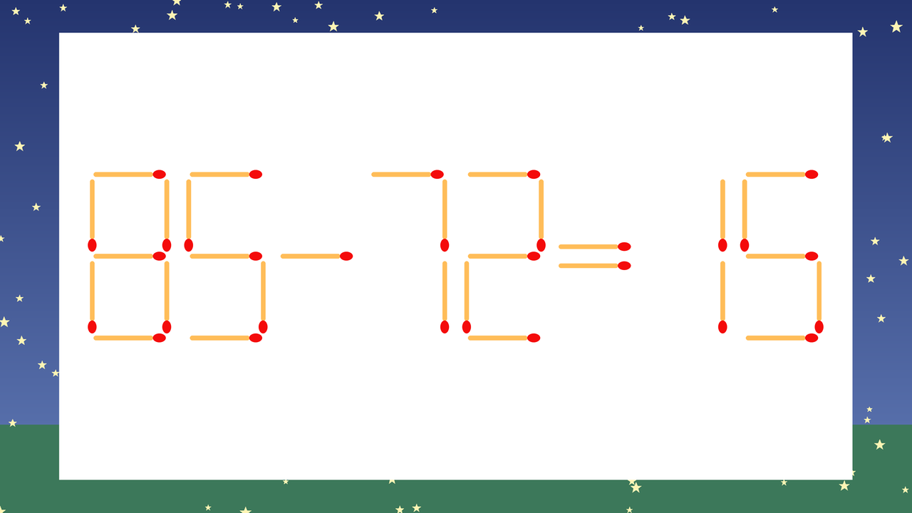【マッチ棒クイズ】1本だけ動かして正しい式に：85-72=15？の問題イメージ
