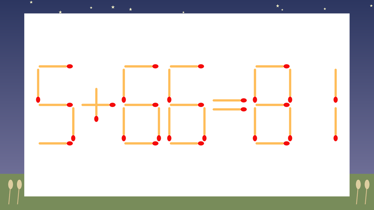 【マッチ棒クイズ】1本だけ動かして正しい式に：5+66=81？の問題イメージ